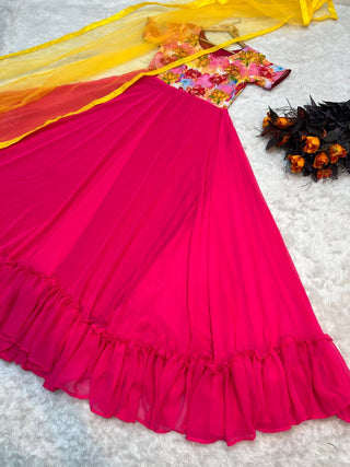 Printed Pink Color Gown With Yellow Dupatta Clothsvilla
