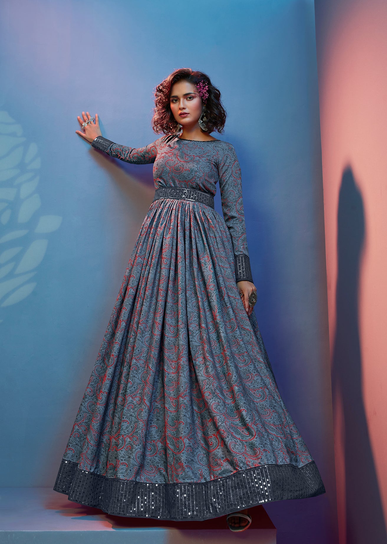 Provocative Grey Print With Sequince Embroidered Natural Crepe Anarkali Long Gown Semi Stitched ClothsVilla