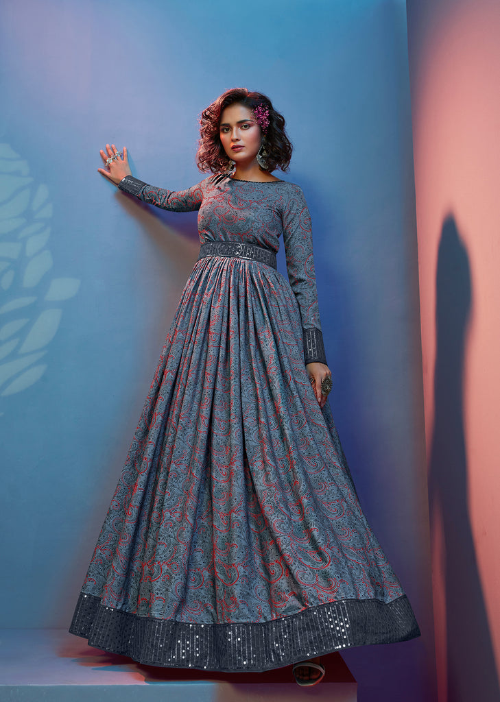 Provocative Grey Print With Sequince Embroidered Natural Crepe Anarkali Long Gown Semi Stitched ClothsVilla