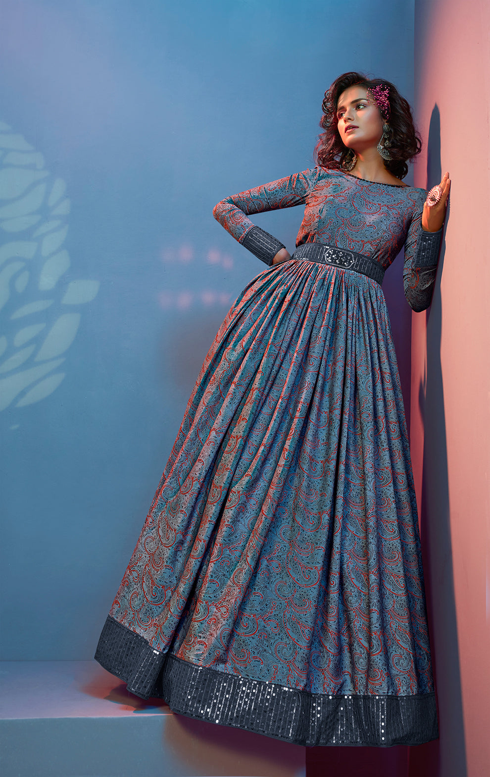 Provocative Grey Print With Sequince Embroidered Natural Crepe Anarkali Long Gown Semi Stitched ClothsVilla