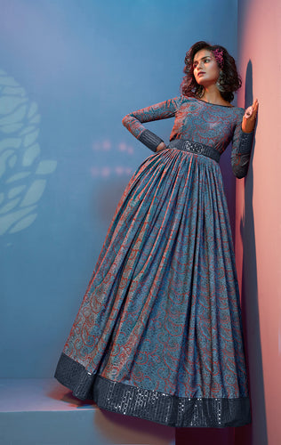 Provocative Grey Print With Sequince Embroidered Natural Crepe Anarkali Long Gown Semi Stitched ClothsVilla