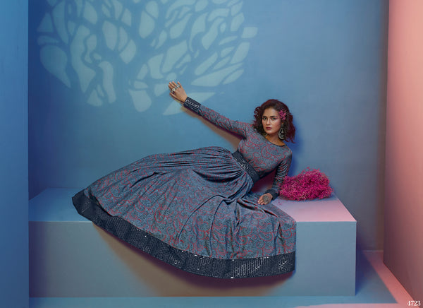 Provocative Grey Print With Sequince Embroidered Natural Crepe Anarkali Long Gown Semi Stitched ClothsVilla