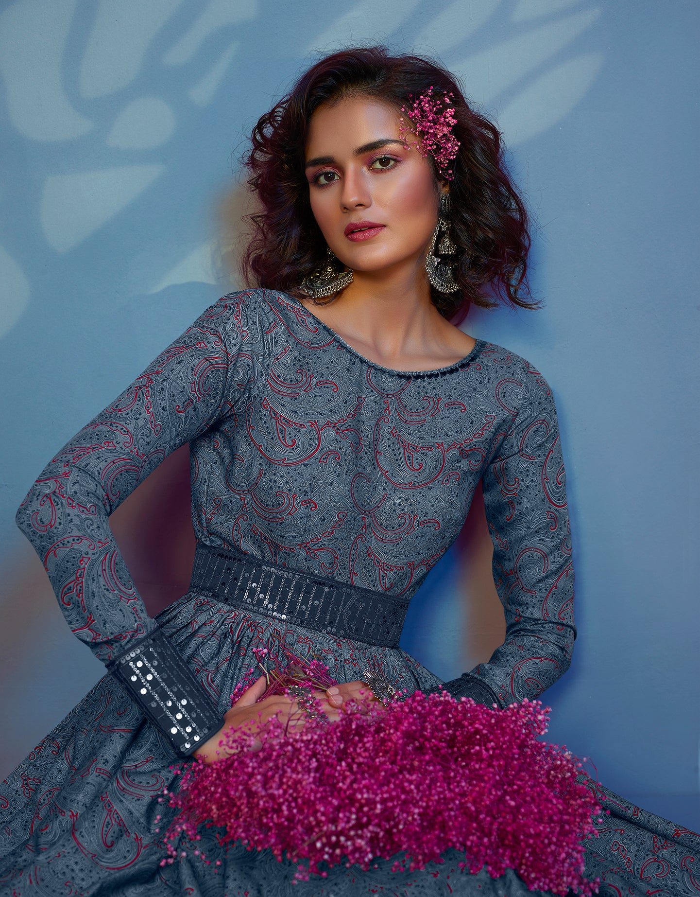 Provocative Grey Print With Sequince Embroidered Natural Crepe Anarkali Long Gown Semi Stitched ClothsVilla