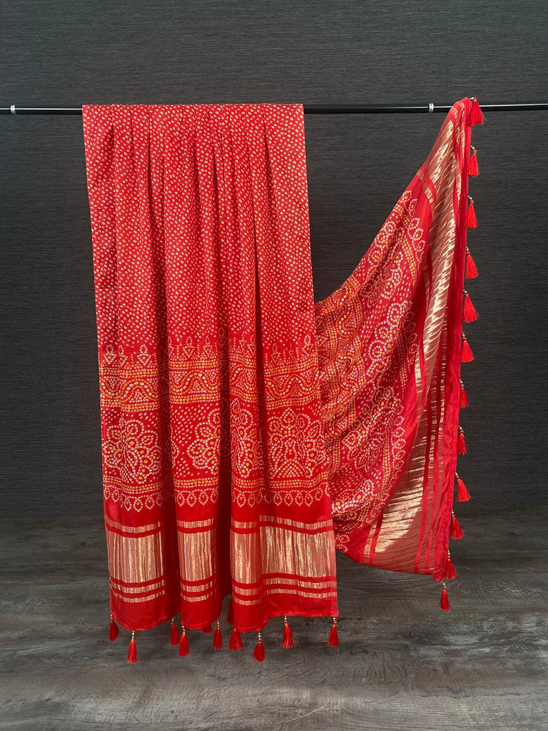 Red Color Digital Bandhani Printed Pure Gaji Silk Dupatta With Tassels Clothsvilla