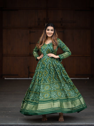 Green Color Digital Bandhej Printed Pure Gaji Silk Gown Clothsvilla