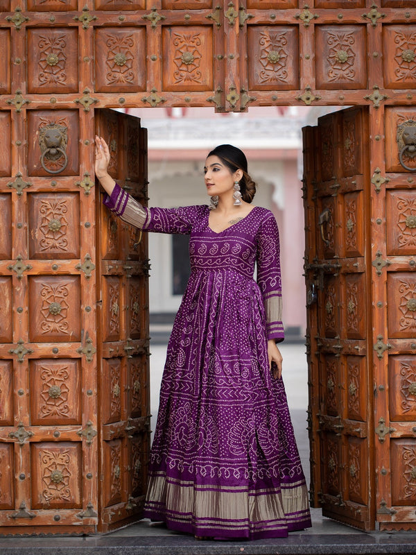 Wine Color Digital Bandhej Printed Pure Gaji Silk Beautiful Gown Clothsvilla