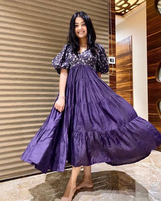Purple Color Ruffle Style Embroidery Work Dress Clothsvilla
