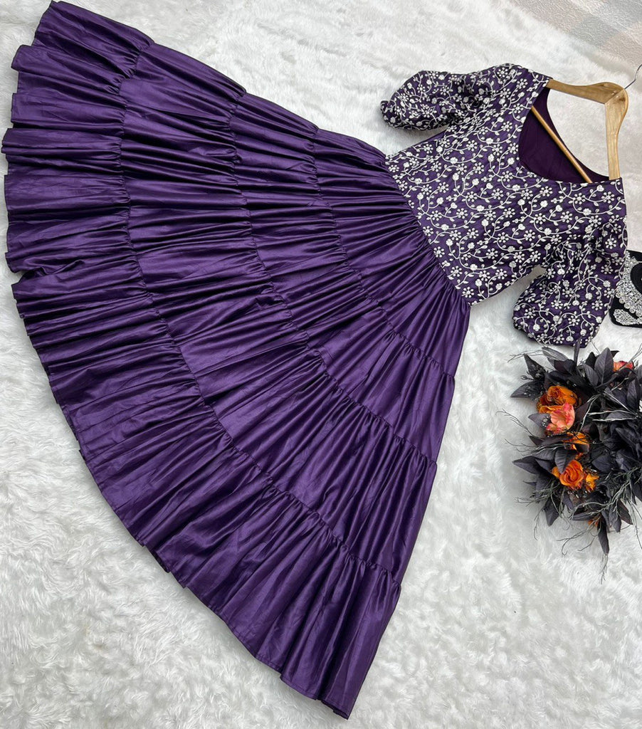 Purple Color Ruffle Style Embroidery Work Dress Clothsvilla