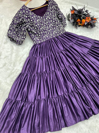 Purple Color Ruffle Style Embroidery Work Dress Clothsvilla