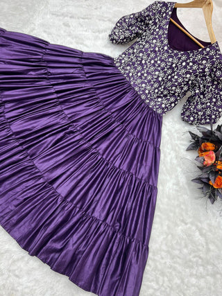 Purple Color Ruffle Style Embroidery Work Dress Clothsvilla