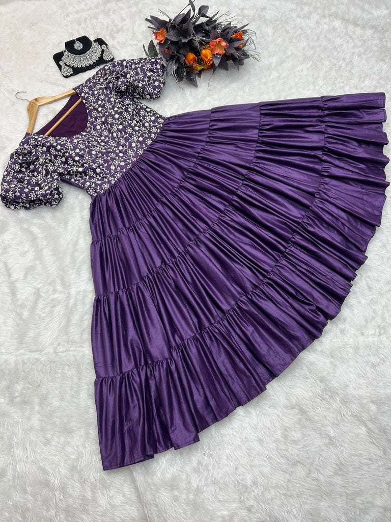 Purple Color Ruffle Style Embroidery Work Dress Clothsvilla