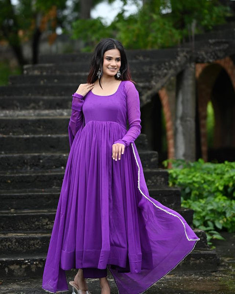Purple Faux Georgette Plain Gown With Dupatta Clothsvilla Main image