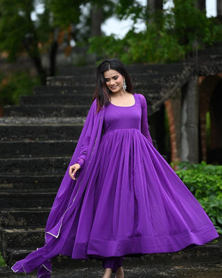 Purple Faux Georgette Plain Gown With Dupatta Clothsvilla