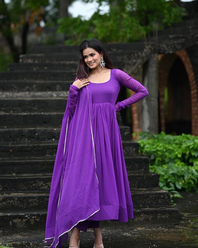 Purple Faux Georgette Plain Gown With Dupatta Clothsvilla