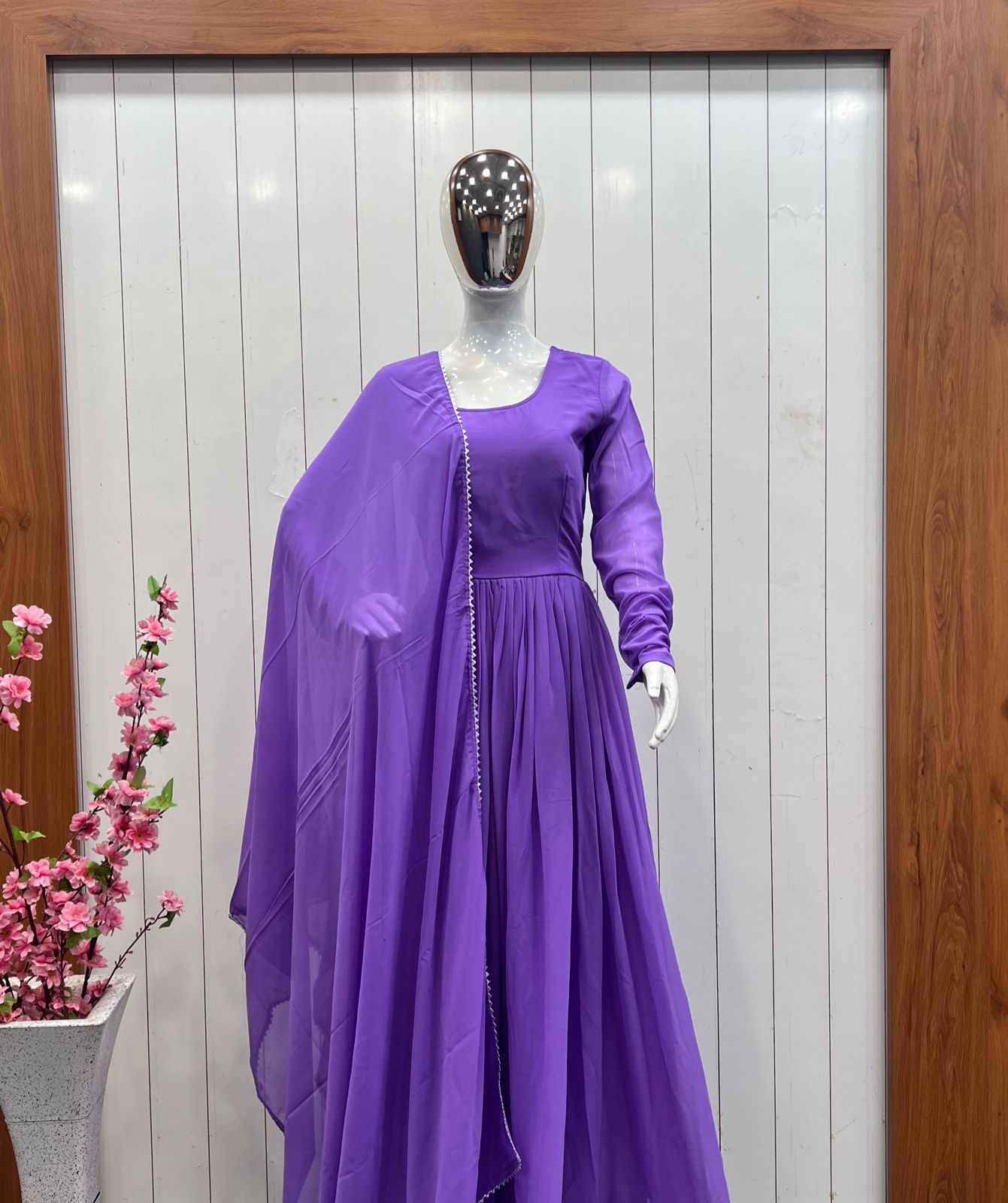 Embroidered Art Silk Cascade Pleated Gown in Purple  TJW1605