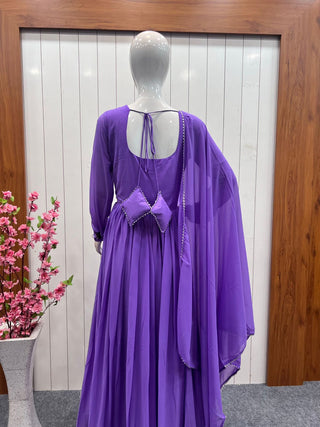 Purple Faux Georgette Plain Gown With Dupatta Clothsvilla