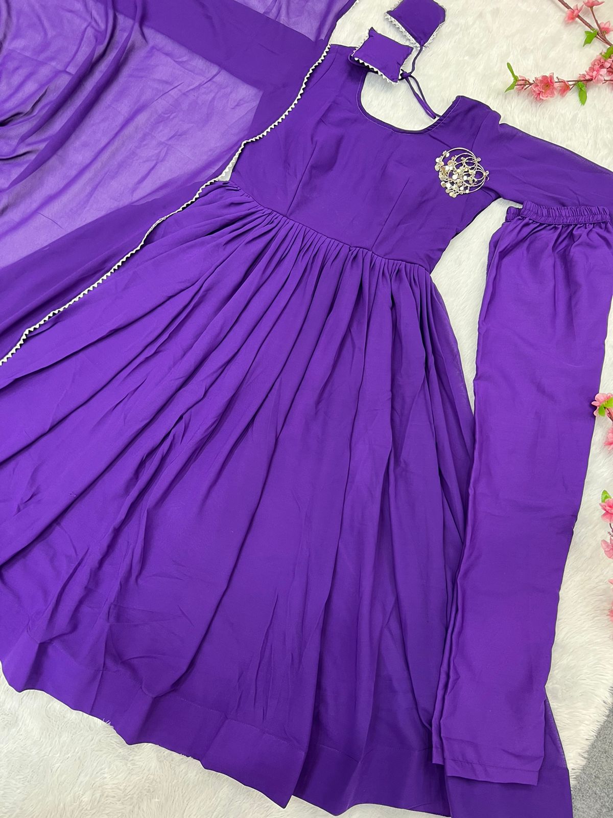 Purple Faux Georgette Plain Gown With Dupatta Clothsvilla