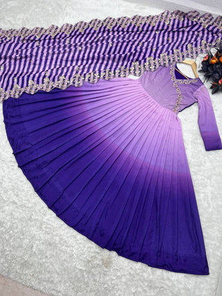 Purple Gown in Vichitra Silk with Embroidery Sequence Work ClothsVilla.com