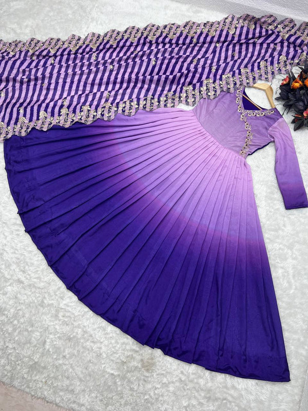 Purple Gown in Vichitra Silk with Embroidery Sequence Work ClothsVilla.com