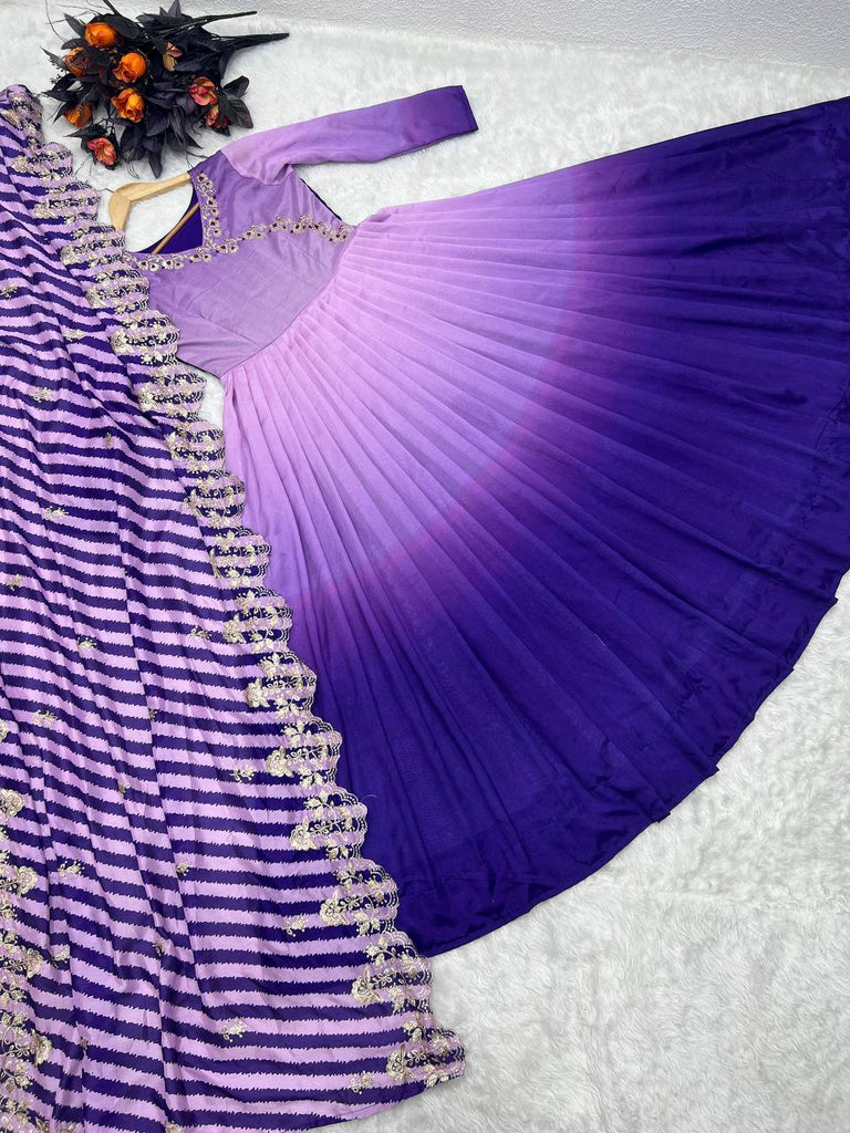 Purple Gown in Vichitra Silk with Embroidery Sequence Work ClothsVilla.com
