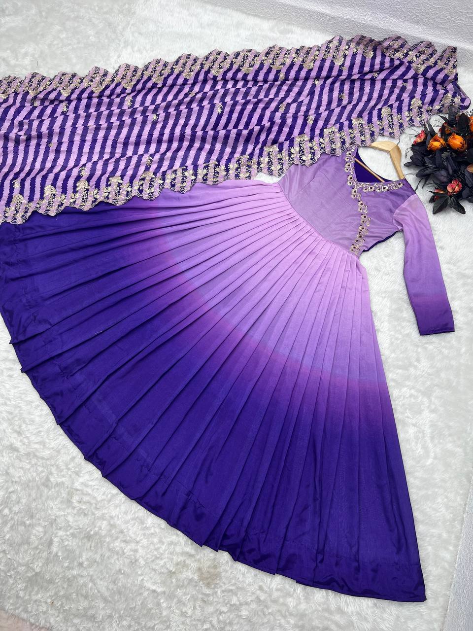 Purple Gown in Vichitra Silk with Embroidery Sequence Work ClothsVilla.com