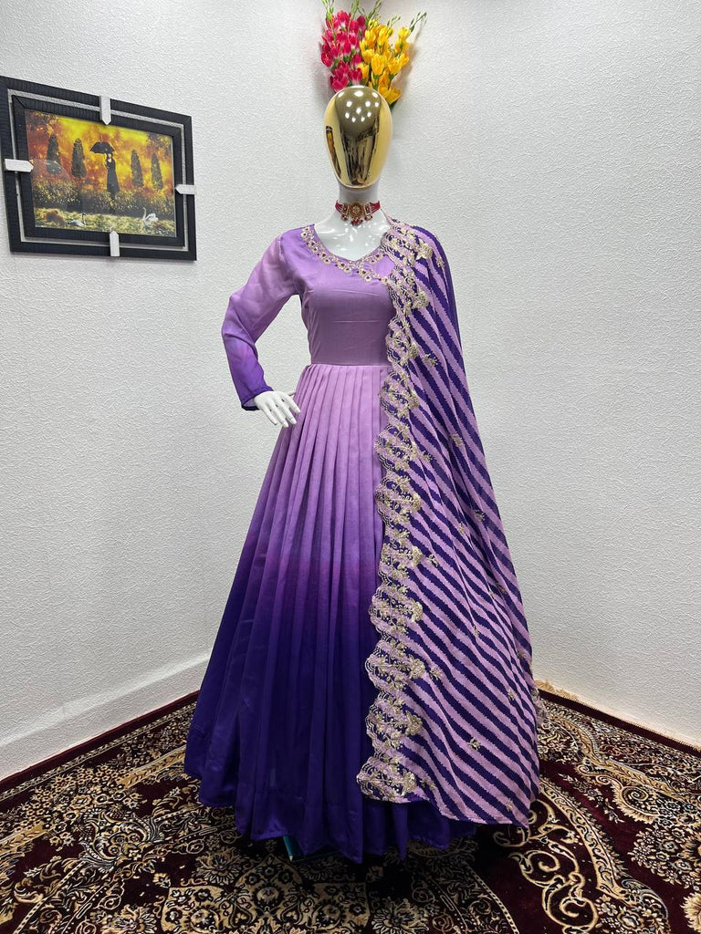 Purple Gown in Vichitra Silk with Embroidery Sequence Work ClothsVilla.com