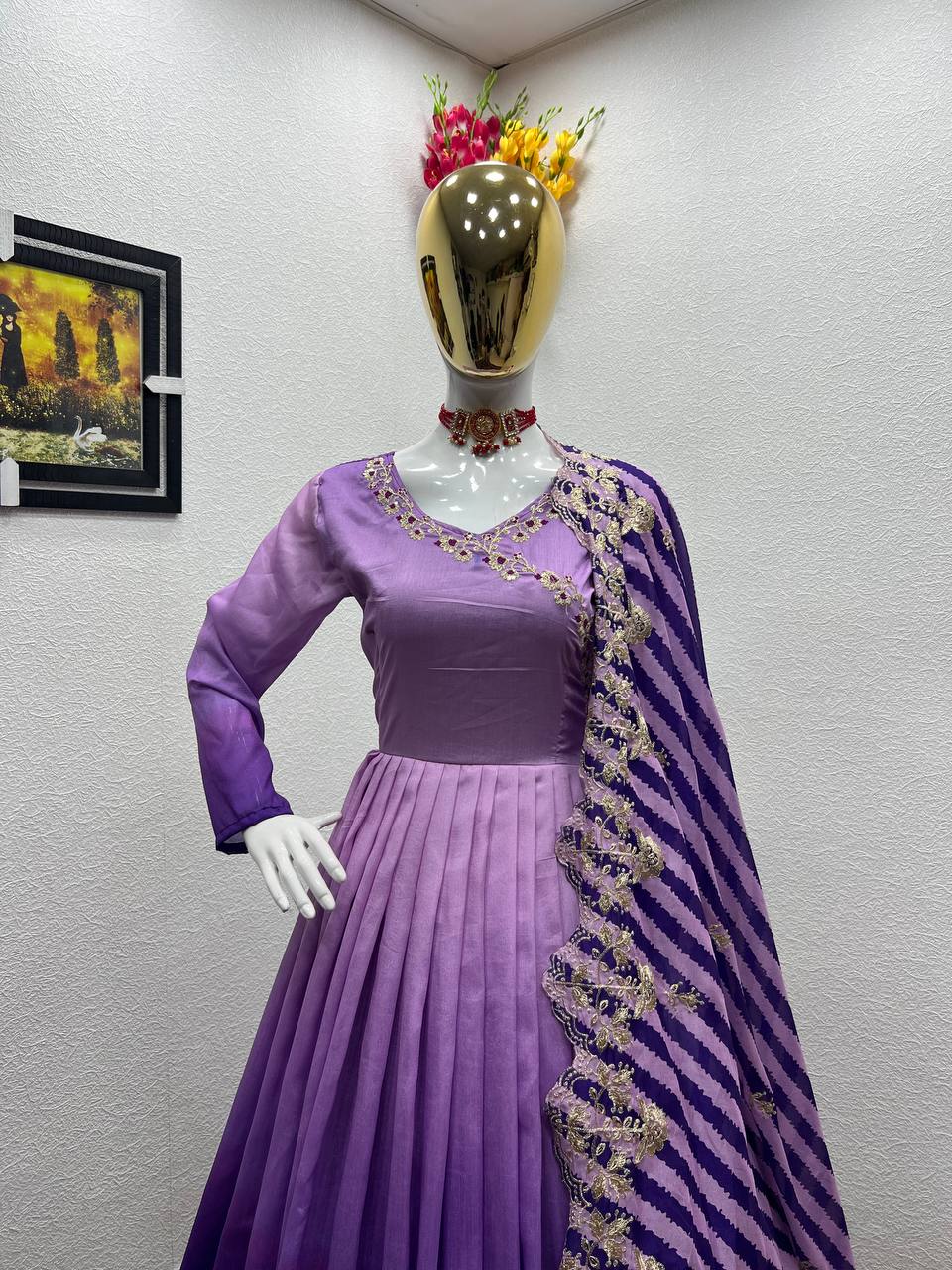 Purple Gown in Vichitra Silk with Embroidery Sequence Work ClothsVilla.com