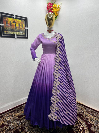 Purple Gown in Vichitra Silk with Embroidery Sequence Work ClothsVilla.com