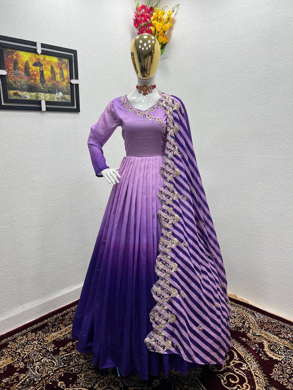 Purple Gown in Vichitra Silk with Embroidery Sequence Work ClothsVilla.com