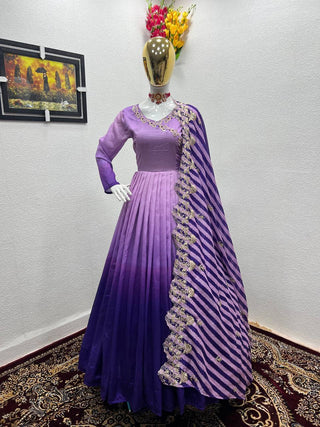 Purple Gown in Vichitra Silk with Embroidery Sequence Work ClothsVilla.com