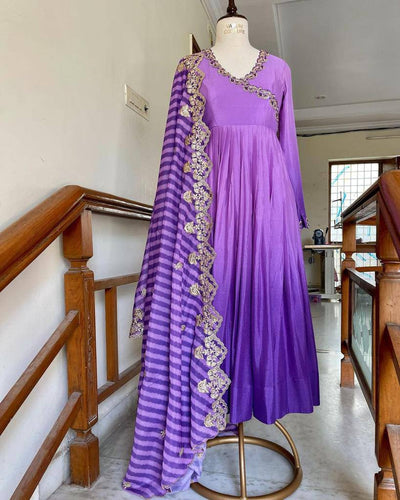 Purple Gown in Vichitra Silk with Embroidery Sequence Work ClothsVilla.com