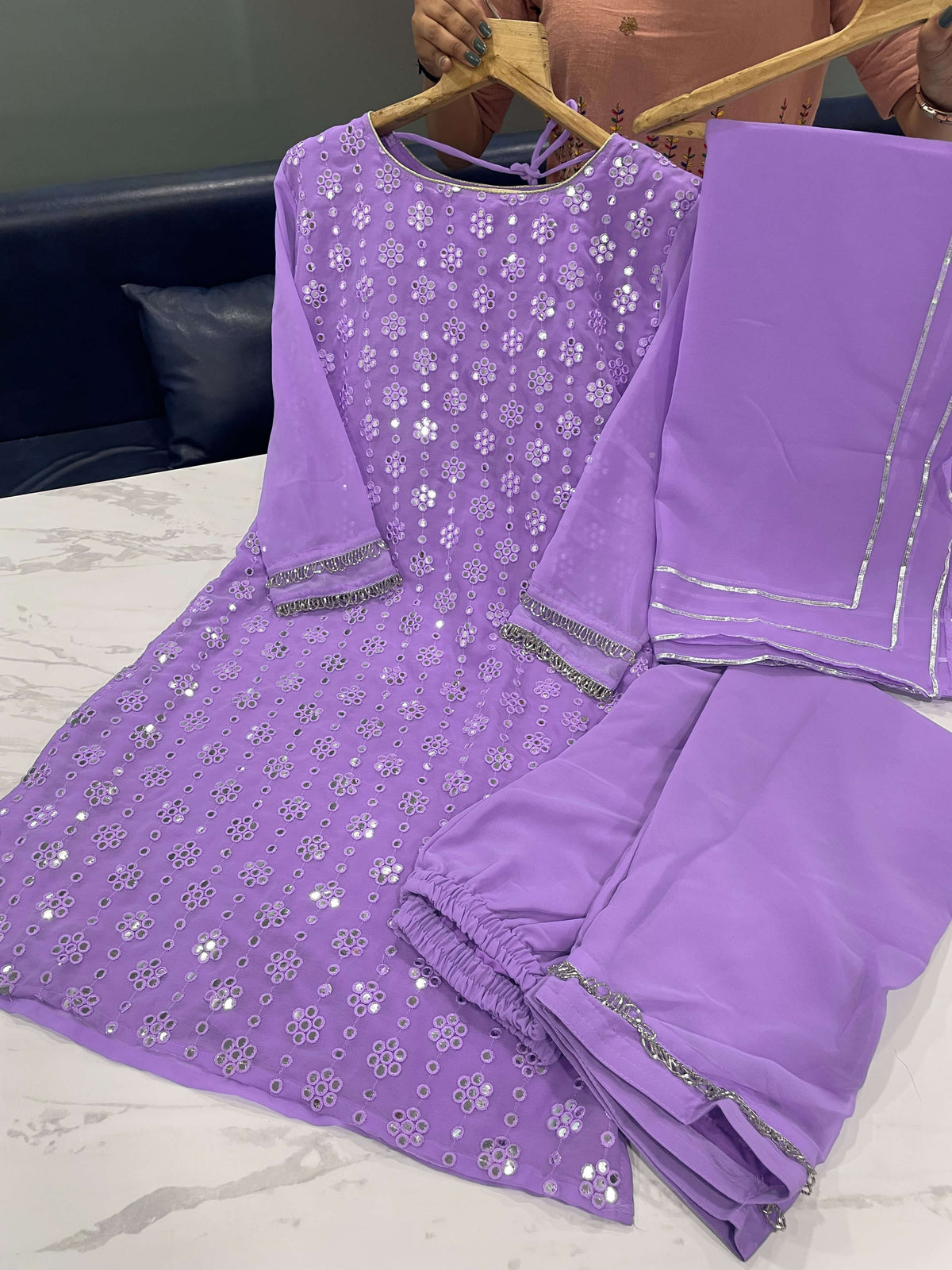 Purple Kurti Set in Georgette With Fancy Sequence Work Clothsvilla