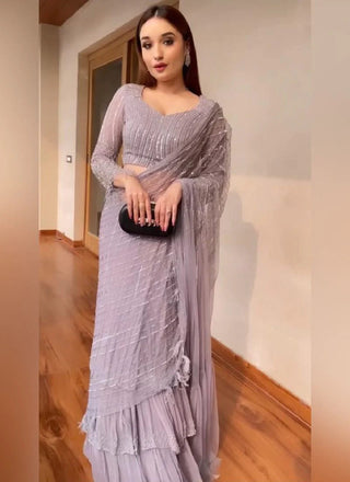Purple Ruffle Saree in Georgette For Women Clothsvilla
