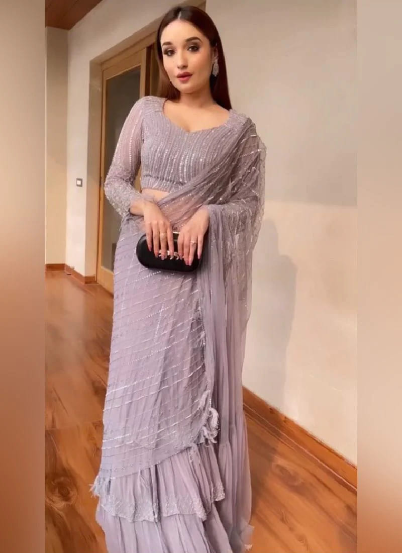 Purple Ruffle Saree in Georgette For Women Clothsvilla