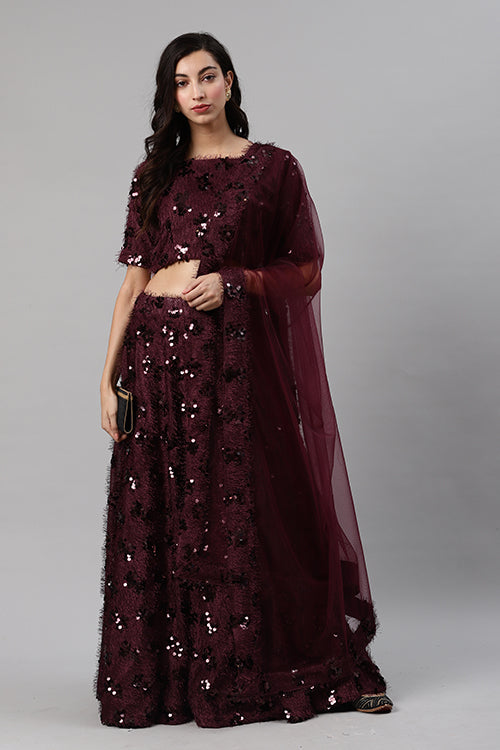 Purple Sequins Embroidered Velvet Wedding Lehenga Choli ClothsVilla.com