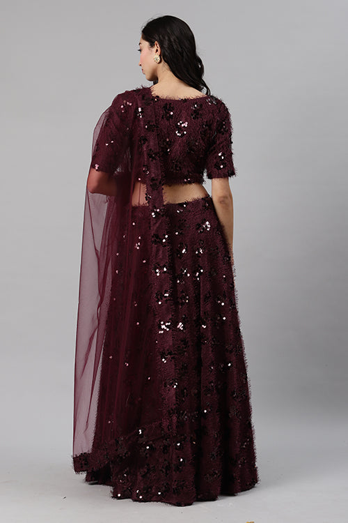 Purple Sequins Embroidered Velvet Wedding Lehenga Choli ClothsVilla.com
