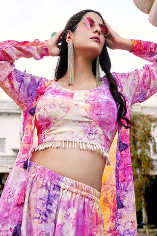 Purple Silk Print Work Three Piece Co-Ord Set ClothsVilla.com