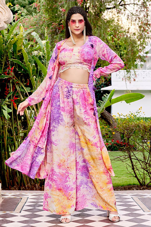 Purple Silk Print Work Three Piece Co-Ord Set ClothsVilla.com