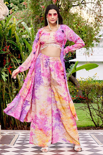 Purple Silk Print Work Three Piece Co-Ord Set ClothsVilla.com