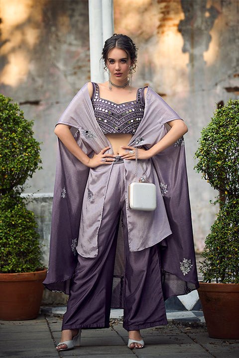 Purple Chinon Padding Embroidered Three Piece Co-Ord Set ClothsVilla.com Main image
