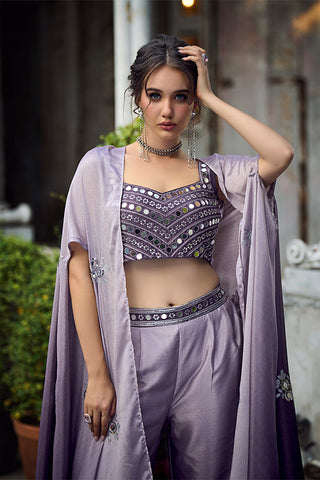 Purple Chinon Padding Embroidered Three Piece Co-Ord Set ClothsVilla.com
