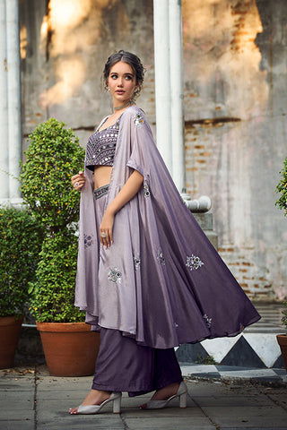 Purple Chinon Padding Embroidered Three Piece Co-Ord Set ClothsVilla.com