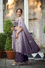 Load image into Gallery viewer, Purple Chinon Padding Embroidered Three Piece Co-Ord Set ClothsVilla.com