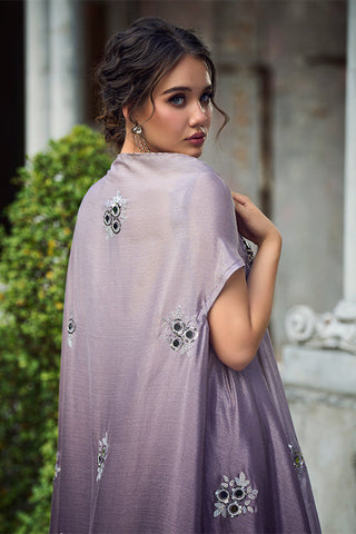Purple Chinon Padding Embroidered Three Piece Co-Ord Set ClothsVilla.com