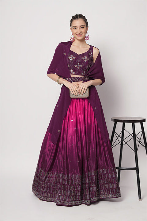 Purple Chinon Silk Embellished Mukaish Work Lehenga Choli ClothsVilla.com Main image