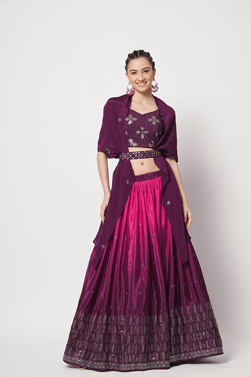 Purple Chinon Silk Embellished Mukaish Work Lehenga Choli ClothsVilla.com