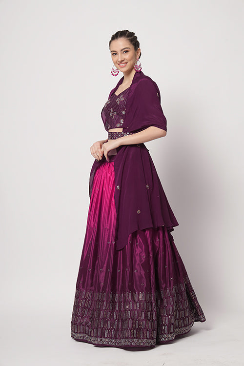Purple Chinon Silk Embellished Mukaish Work Lehenga Choli ClothsVilla.com