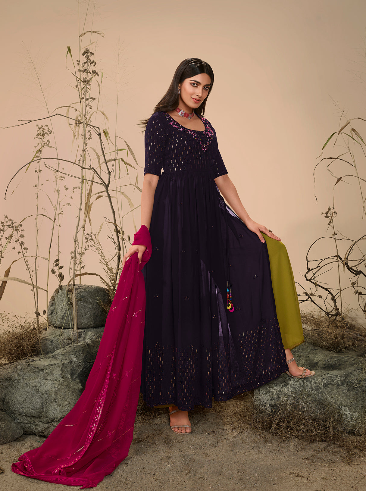 Purple Georgette Embroidered Work Kurta Palazzo Dupatta Set ClothsVilla.com