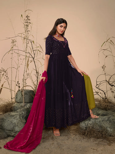 Purple Georgette Embroidered Work Kurta Palazzo Dupatta Set ClothsVilla.com