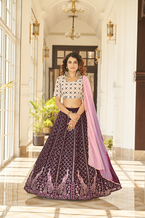 Purple Georgette Thread With Sequince Embroidered Lehenga Choli ClothsVilla.com